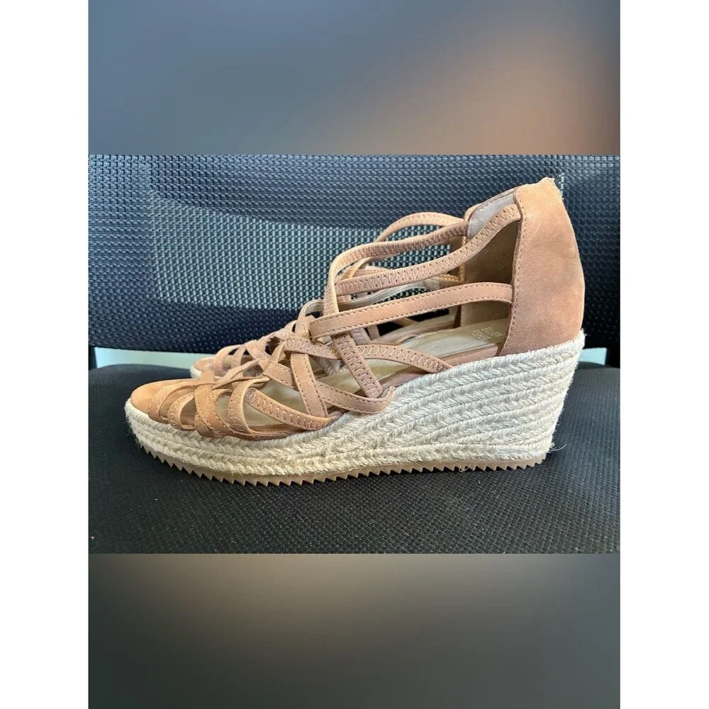 Eileen Fisher Gladiator Criss Cross Open Toe Suede Platform Wedge Tan Sandal Sz8